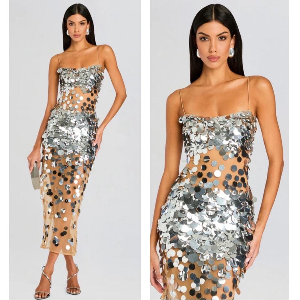 RETROFETE Mischa Sequin Embellished Sheer Silver Mirrored Maxi Dress Size M - Picture 3 of 9